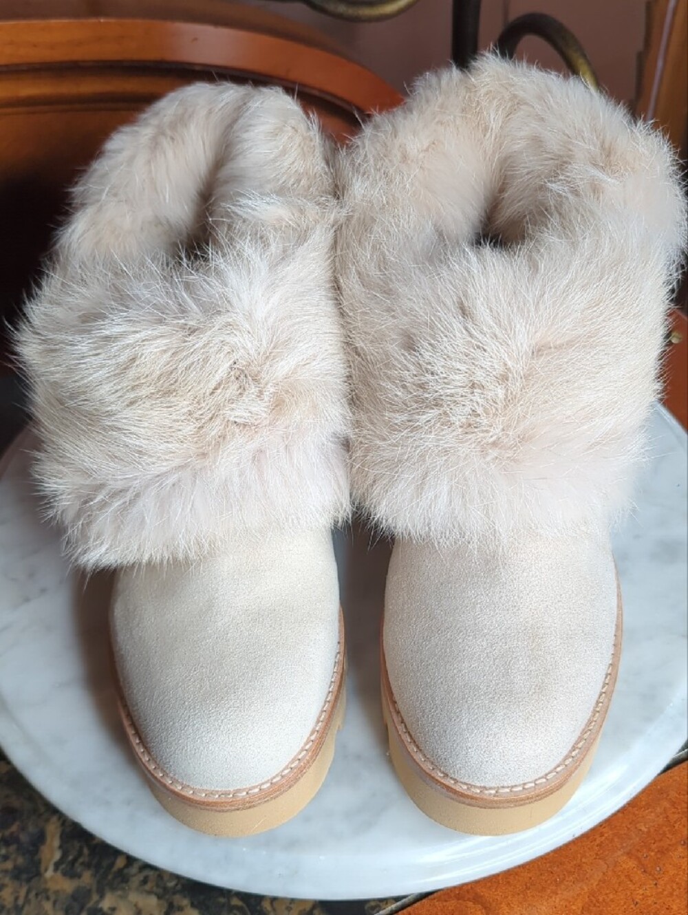 Rachel Zoe Cream Genuine Rabbit Fur Cuff Winter Boots - Picture 10 of 17